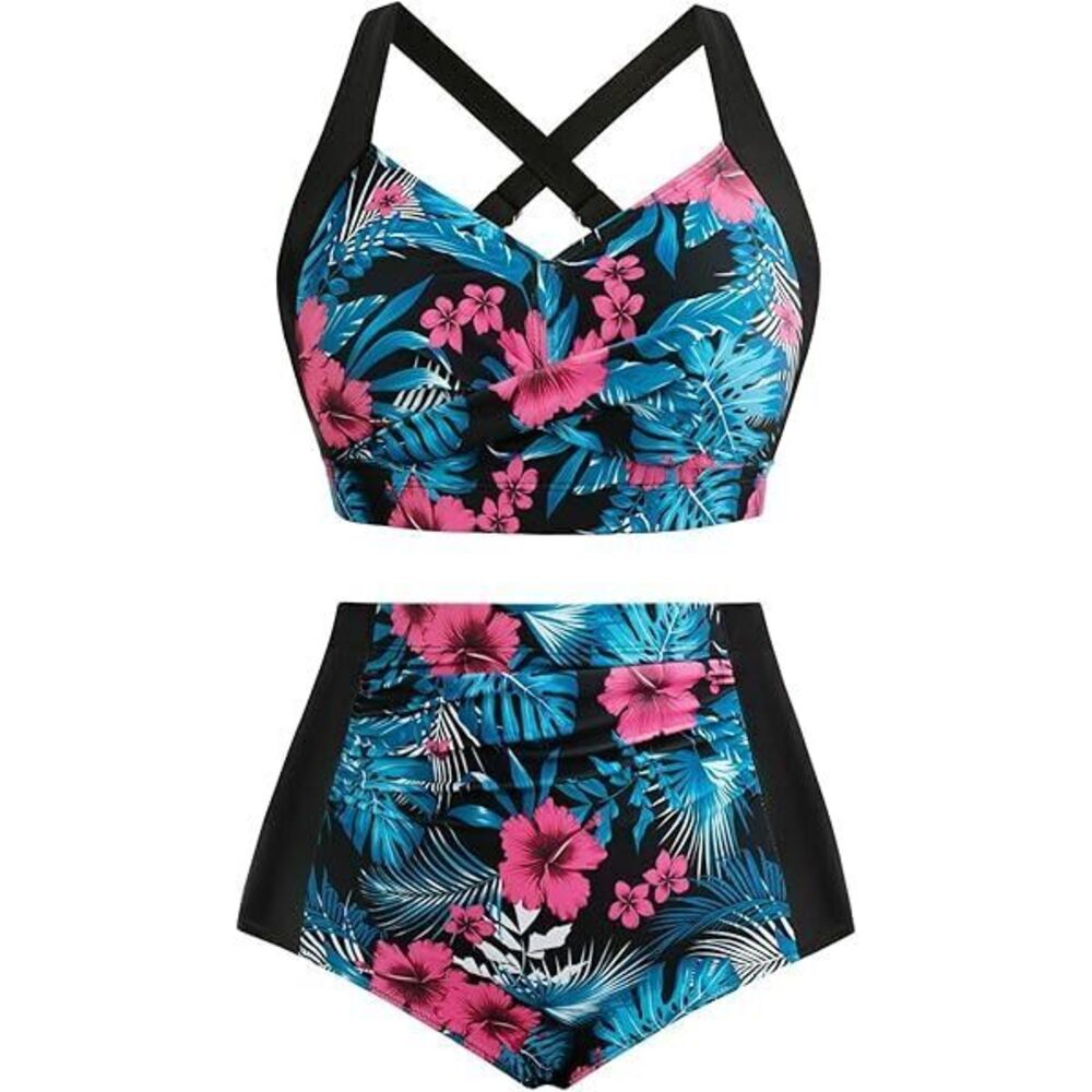 Female Large Size 2025 Swimsuits Comfy Swimwear For Fitness Swimming Blue Leaves